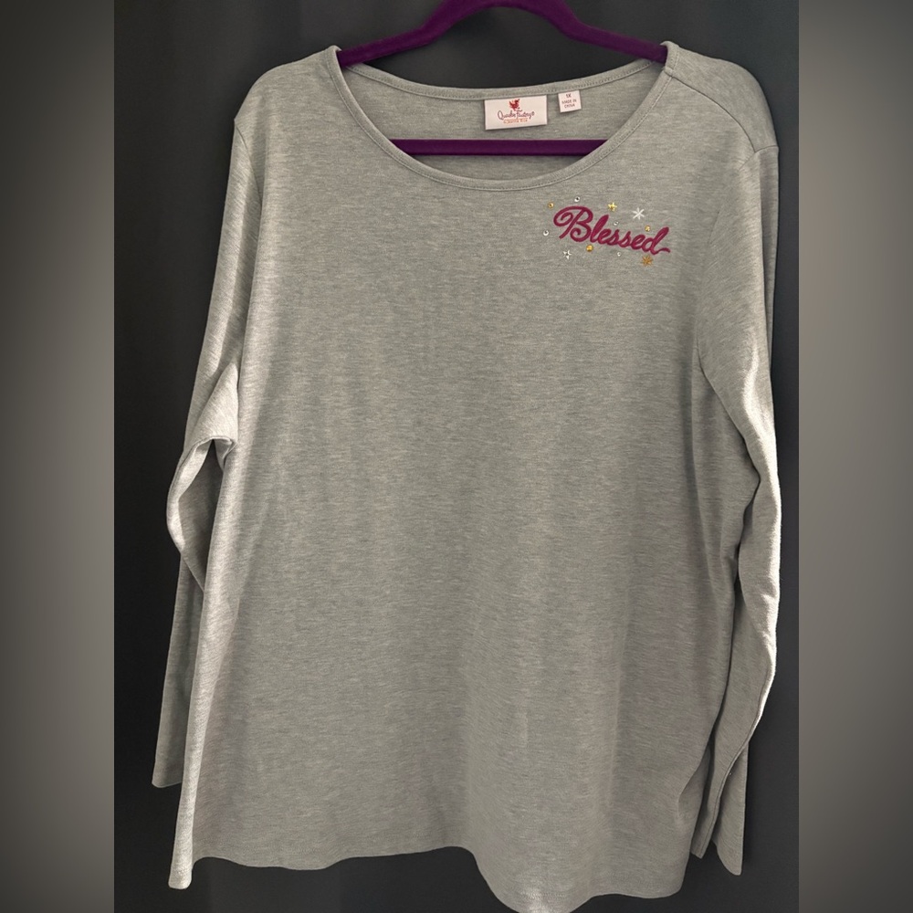 Quacker Factory Heather Gray With Red Embroidered “Blessed” Long Sleeve T-shirt